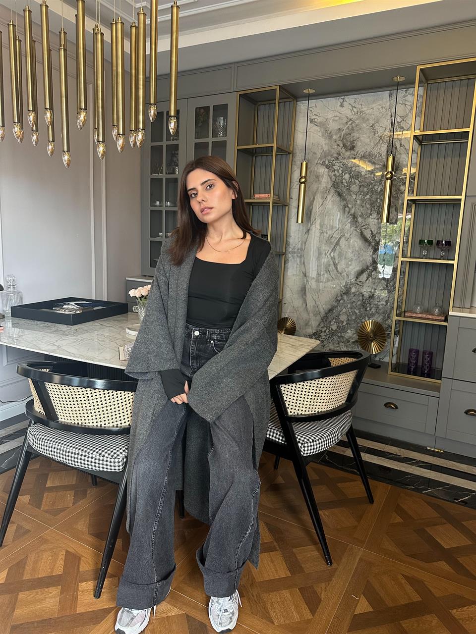 Antrasit Uzun Kalın Triko Hırka