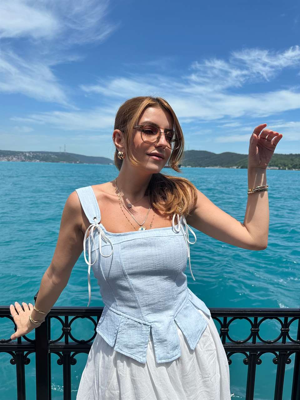 Bebe Mavi Askılı Keten Korse Bluz