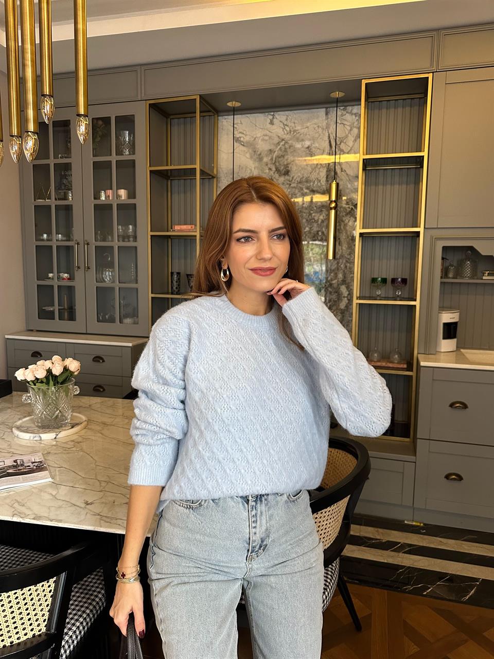 Bebe Mavi Desenli Yumoş Triko Kazak