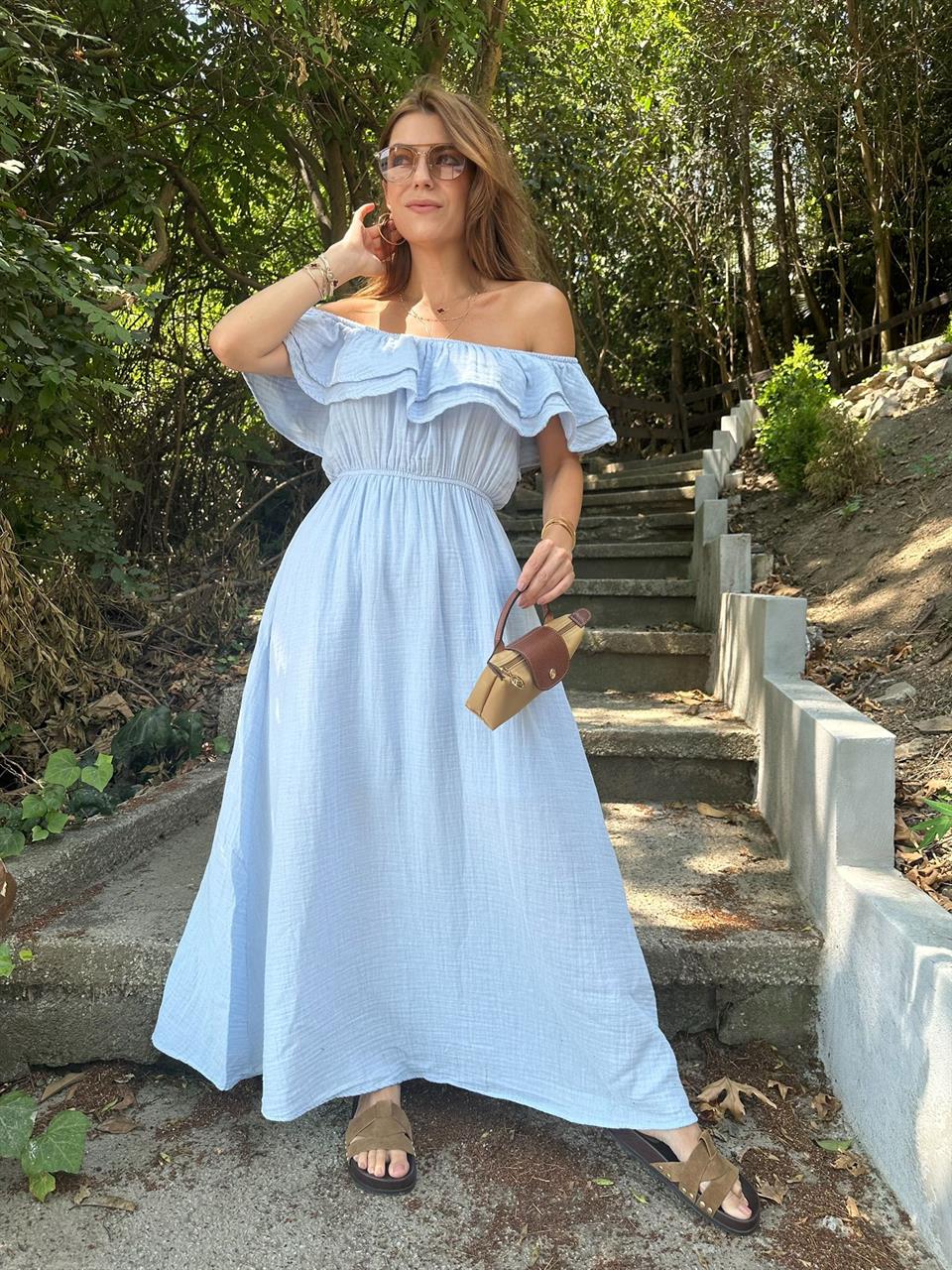 Bebe Mavi Fırfırlı Müslin Kumaş Elbise