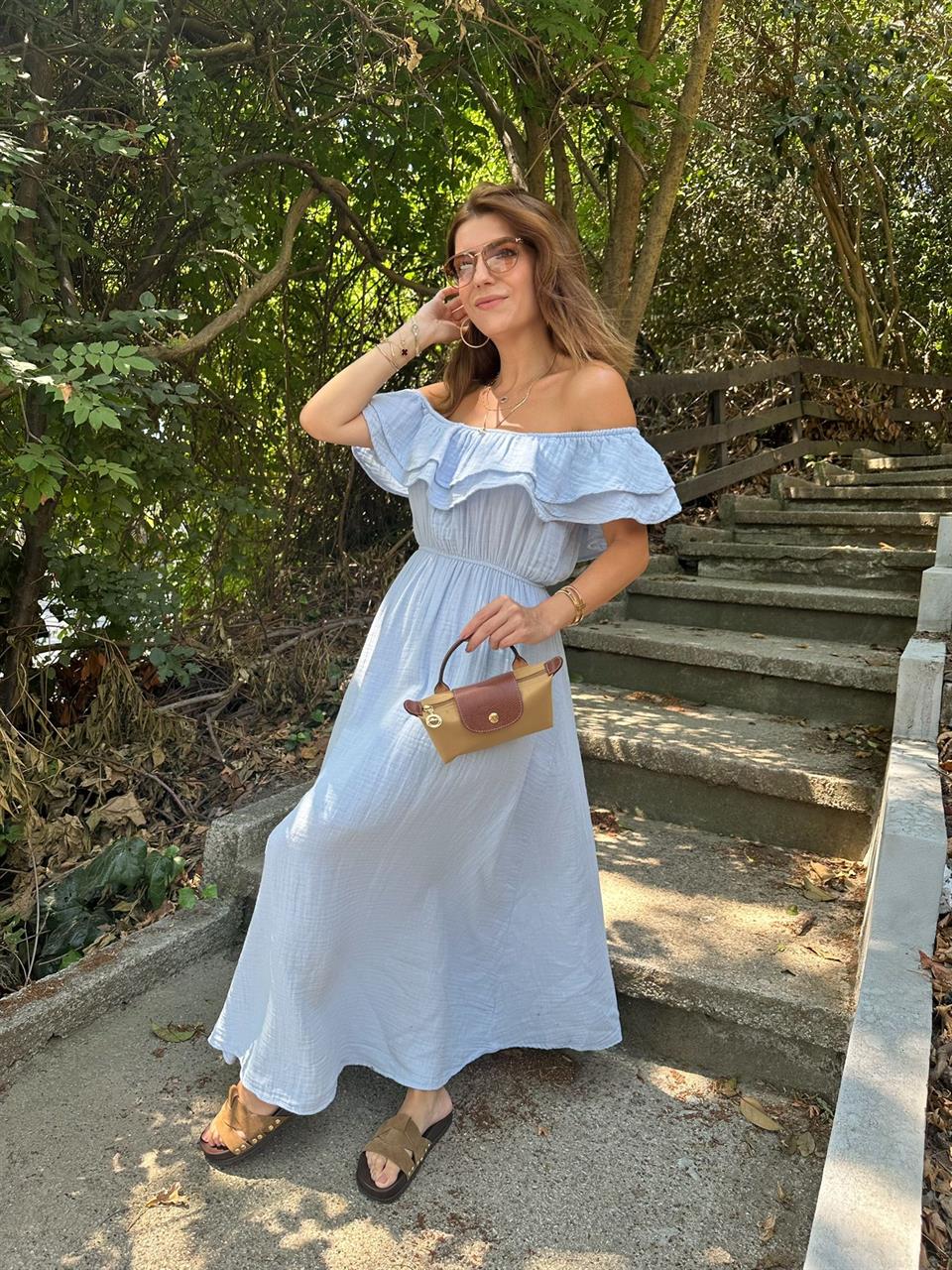 Bebe Mavi Fırfırlı Müslin Kumaş Elbise