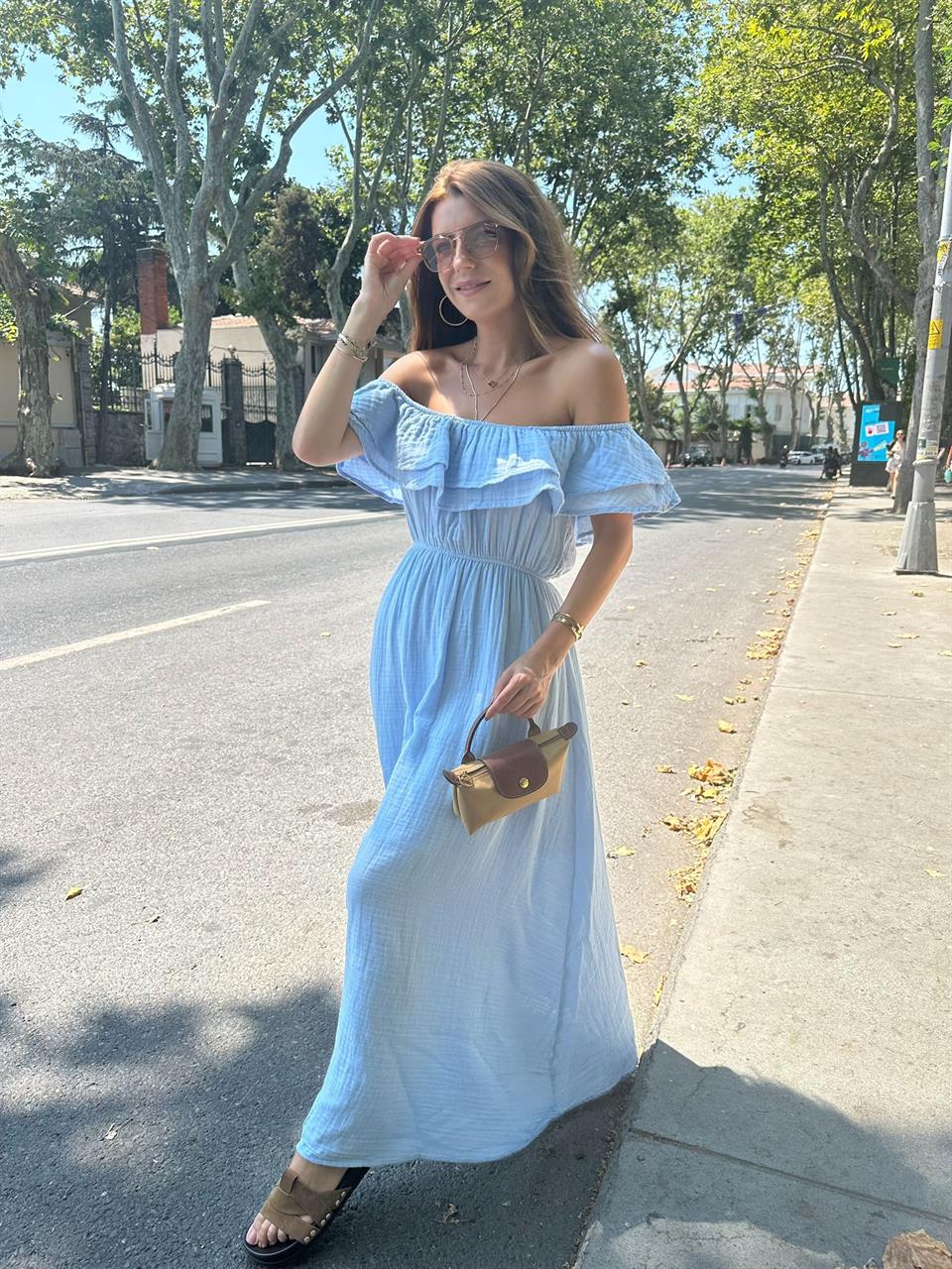 Bebe Mavi Fırfırlı Müslin Kumaş Elbise