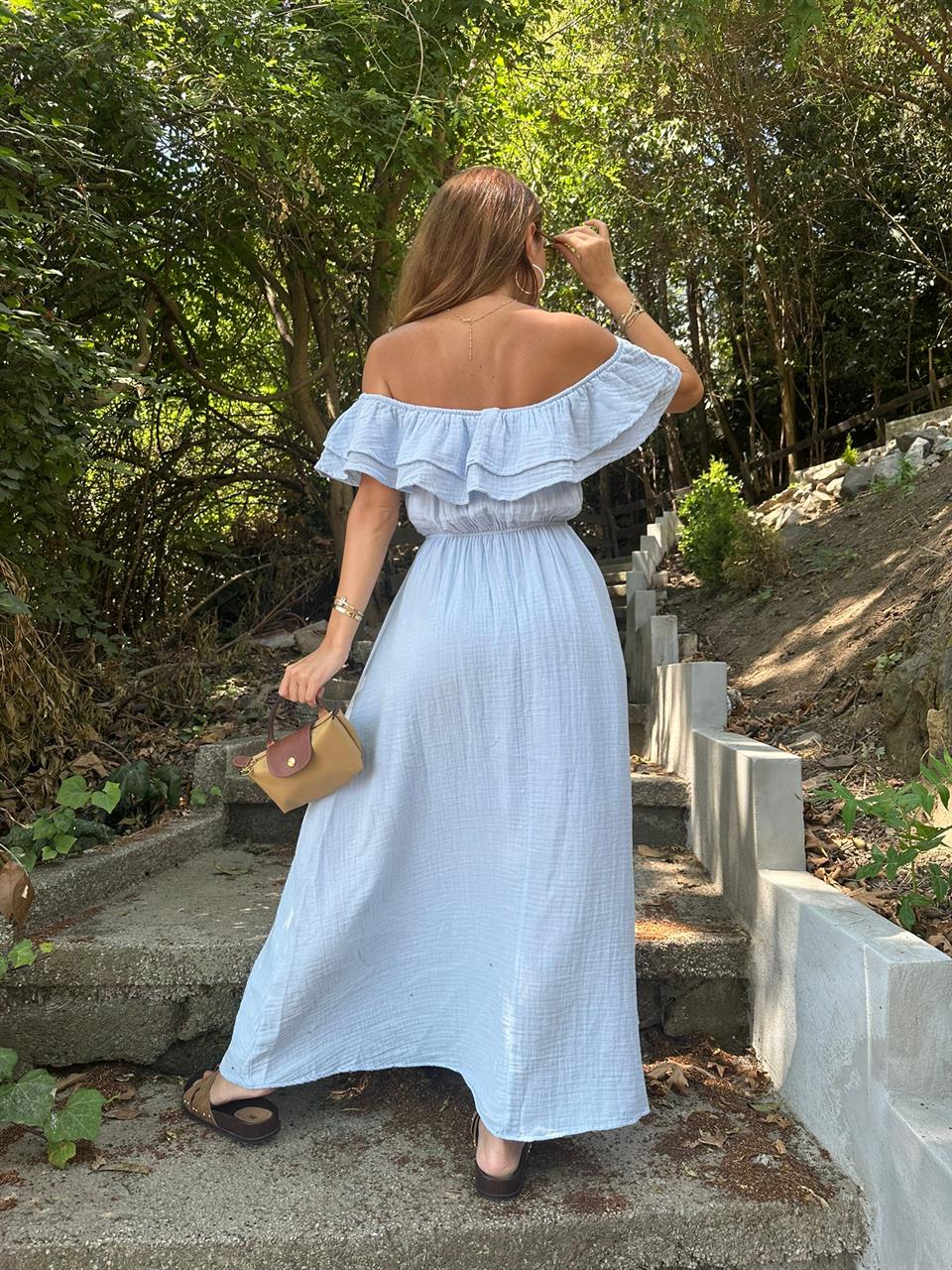 Bebe Mavi Fırfırlı Müslin Kumaş Elbise