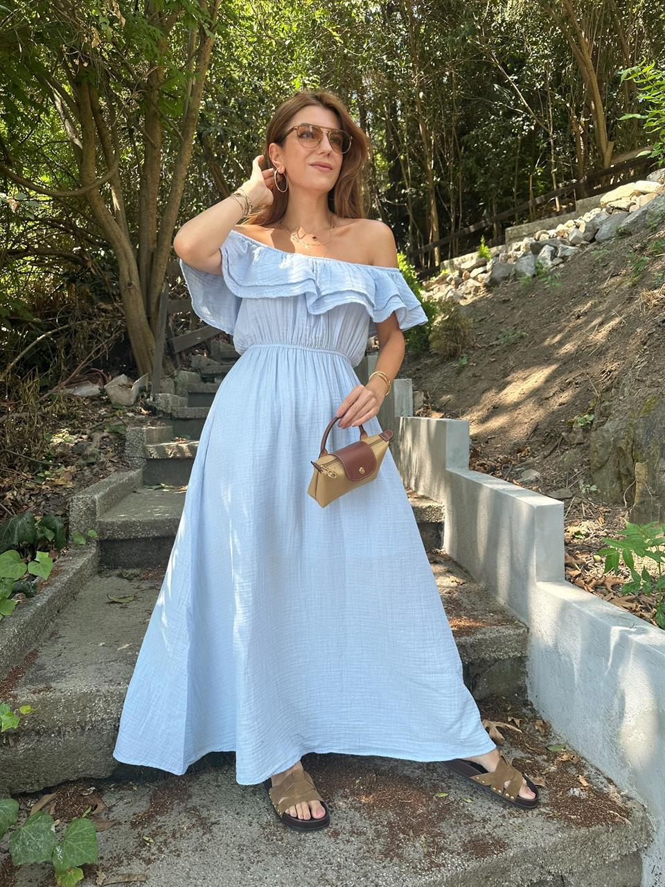 Bebe Mavi Fırfırlı Müslin Kumaş Elbise