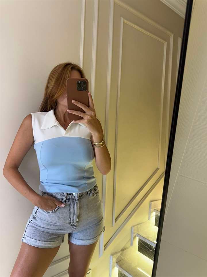 Bebe Mavi Garnili Polo Yaka Bluz