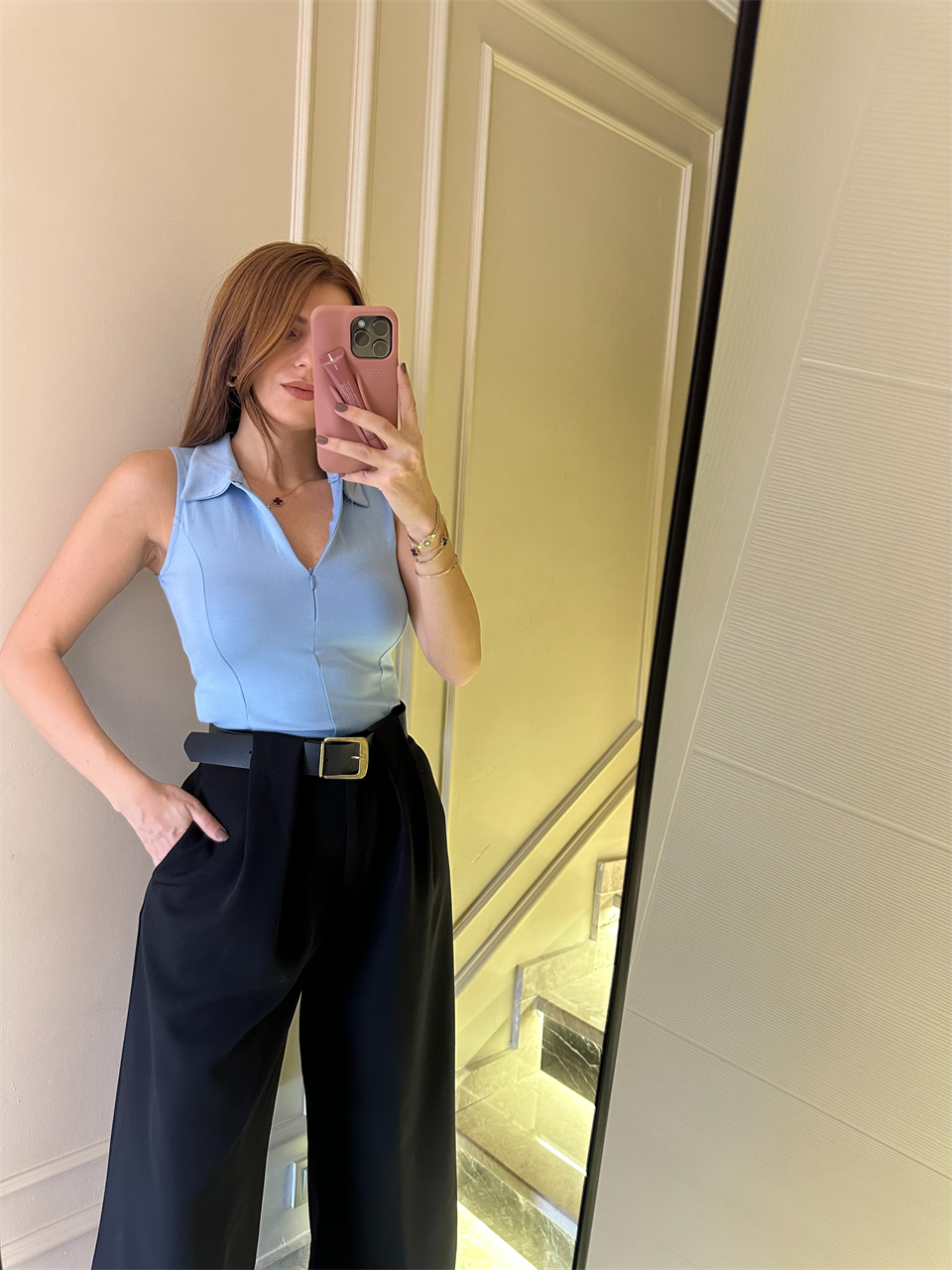 Bebe Mavi Polo Yaka Fermuarlı Kolsuz Bluz