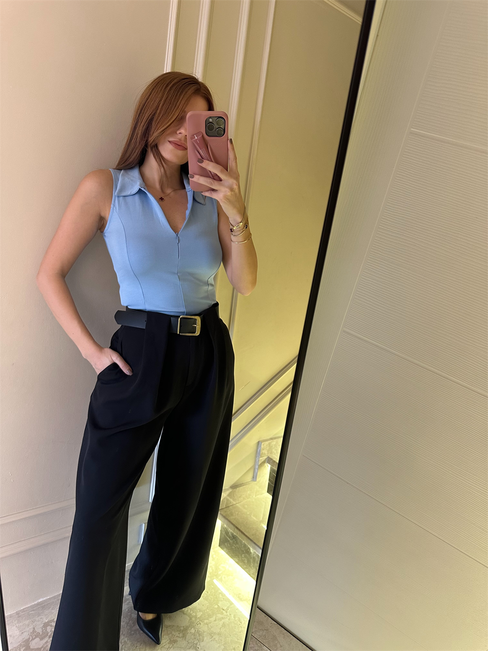Bebe Mavi Polo Yaka Fermuarlı Kolsuz Bluz