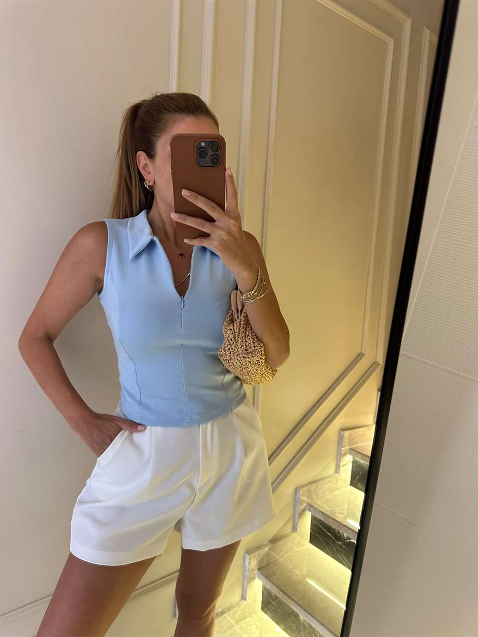 Bebe Mavi Polo Yaka Fermuarlı Kolsuz Bluz