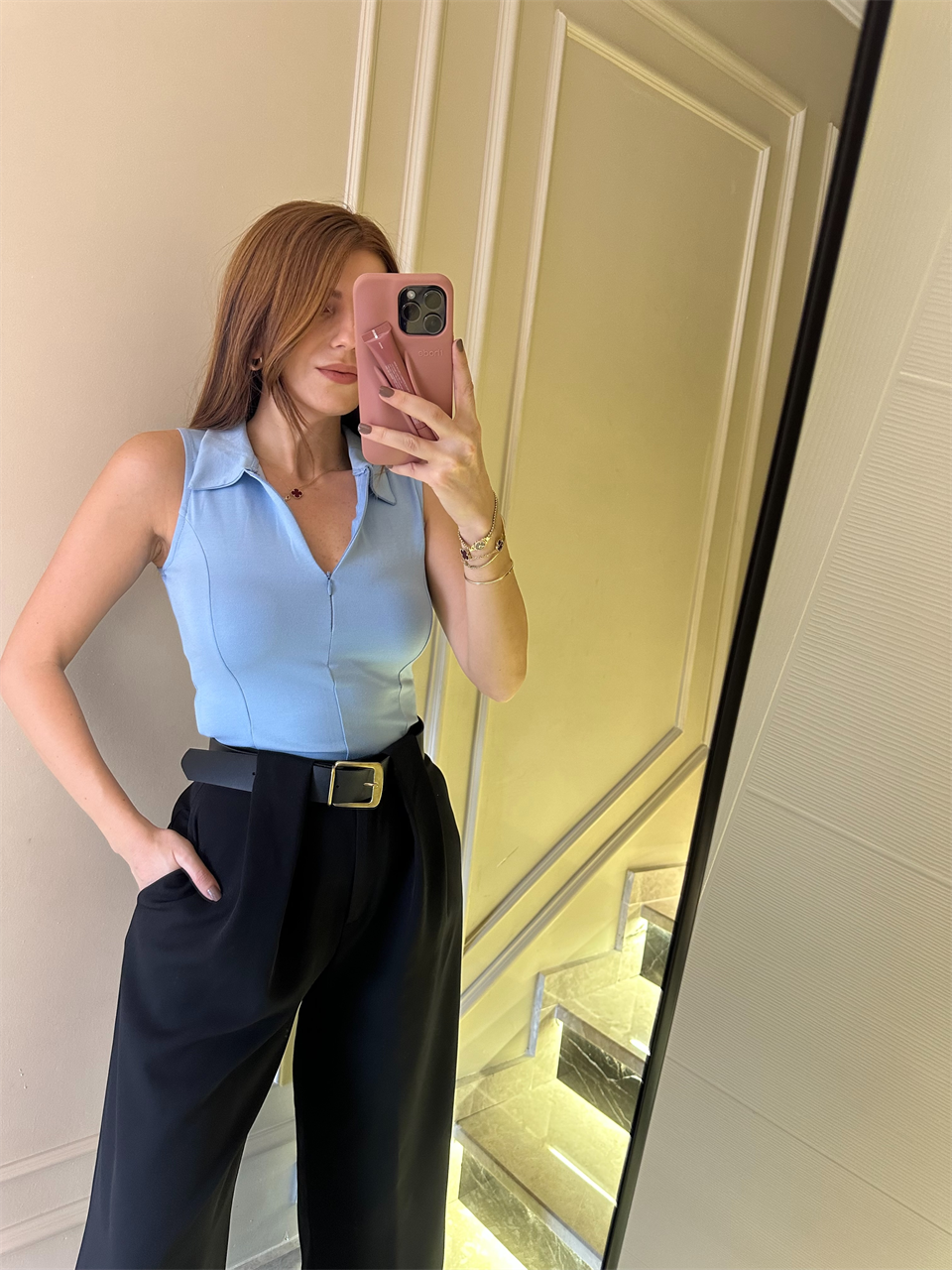 Bebe Mavi Polo Yaka Fermuarlı Kolsuz Bluz