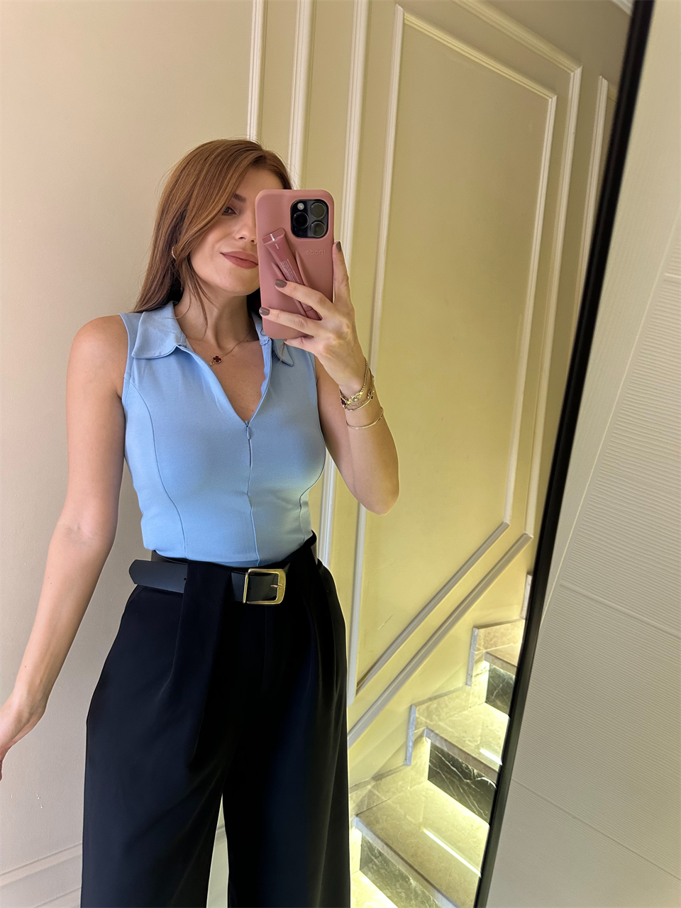 Bebe Mavi Polo Yaka Fermuarlı Kolsuz Bluz