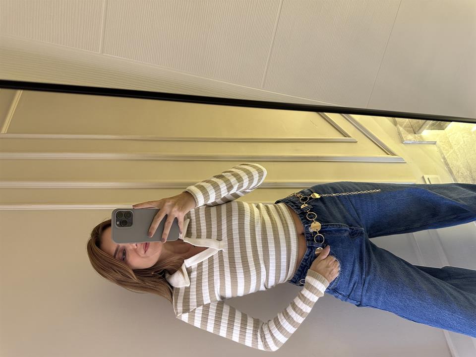 Bej Çizgili Polo Yaka Yumoş Badi