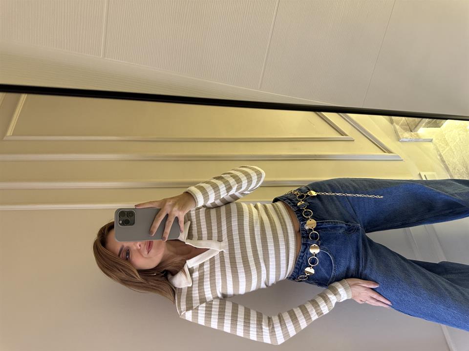 Bej Çizgili Polo Yaka Yumoş Badi