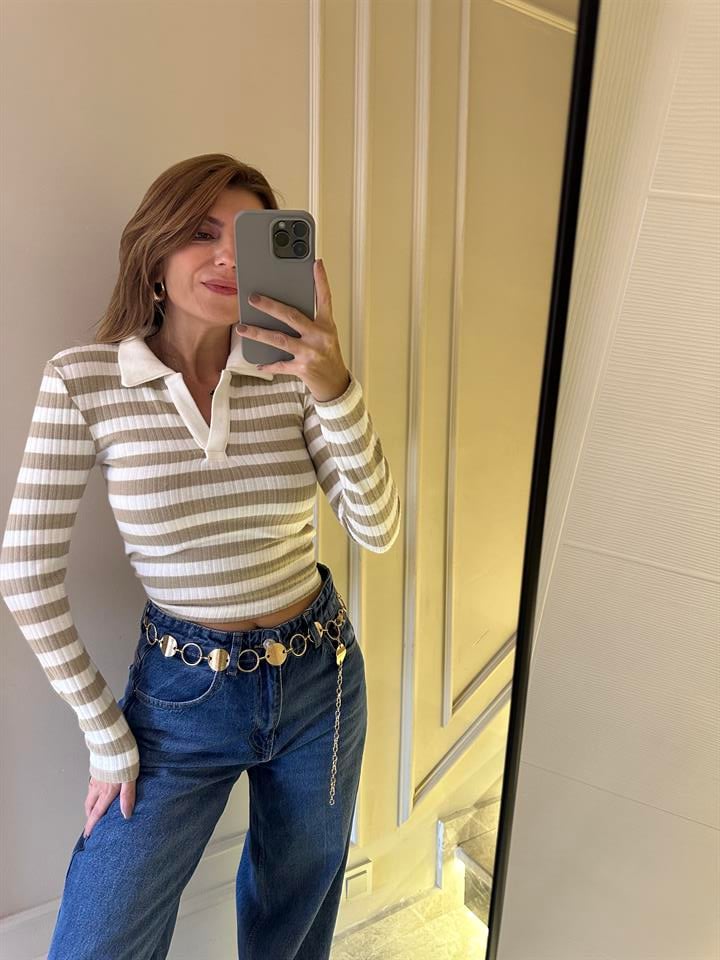 Bej Çizgili Polo Yaka Yumoş Badi