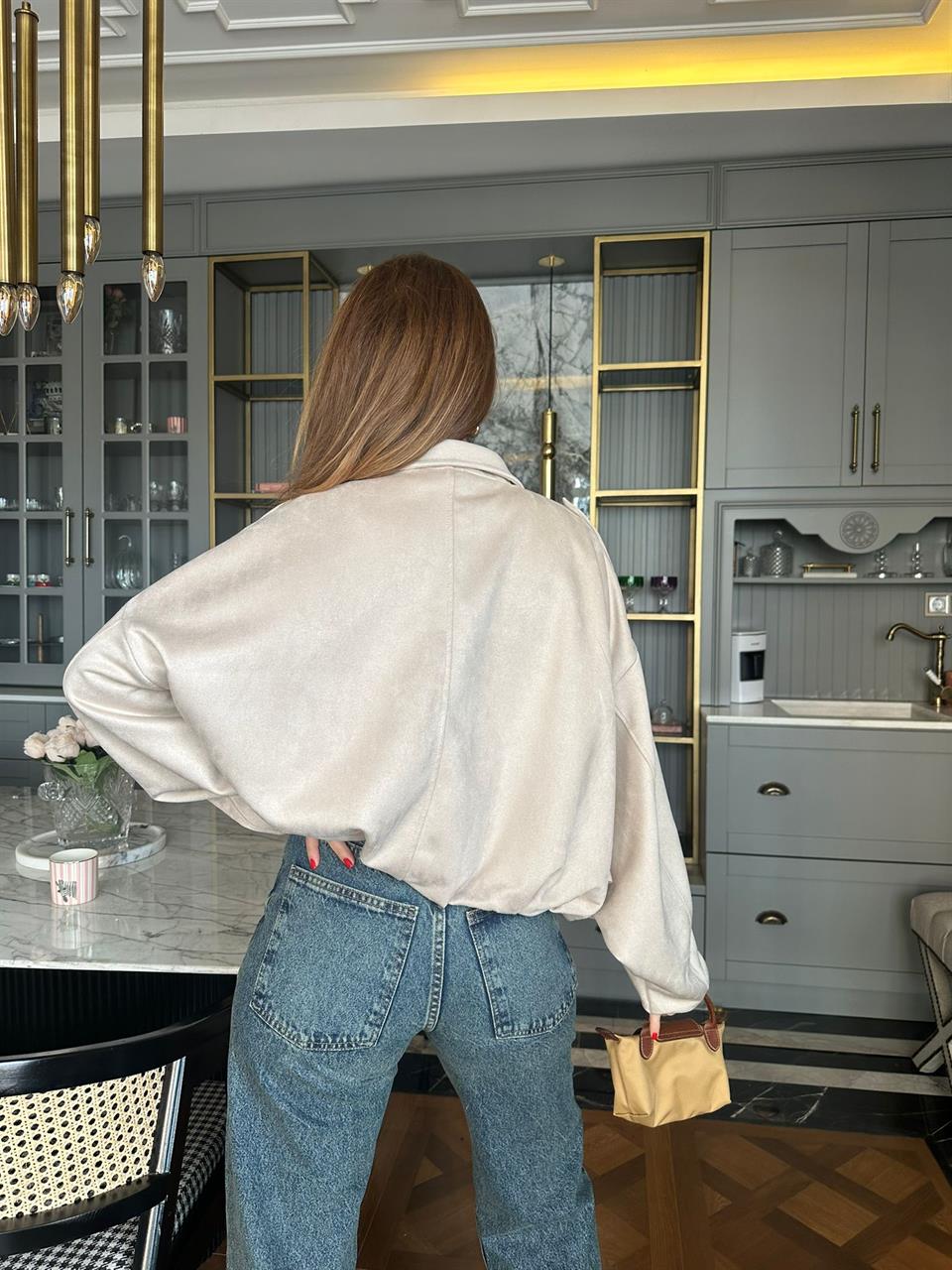 Bej Fermuarlı Süet Mont