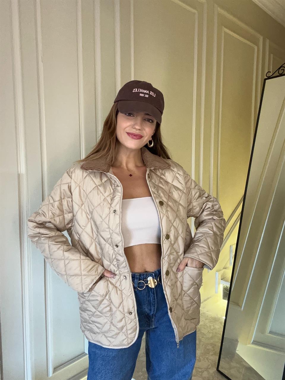 Bej Garnili Kapitone Ceket