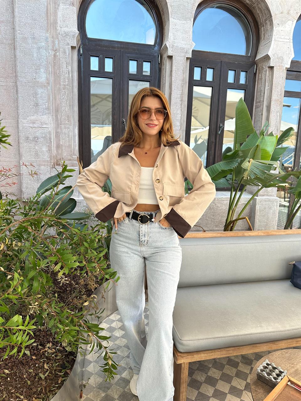 Bej Garnili Süet Trenç Ceket