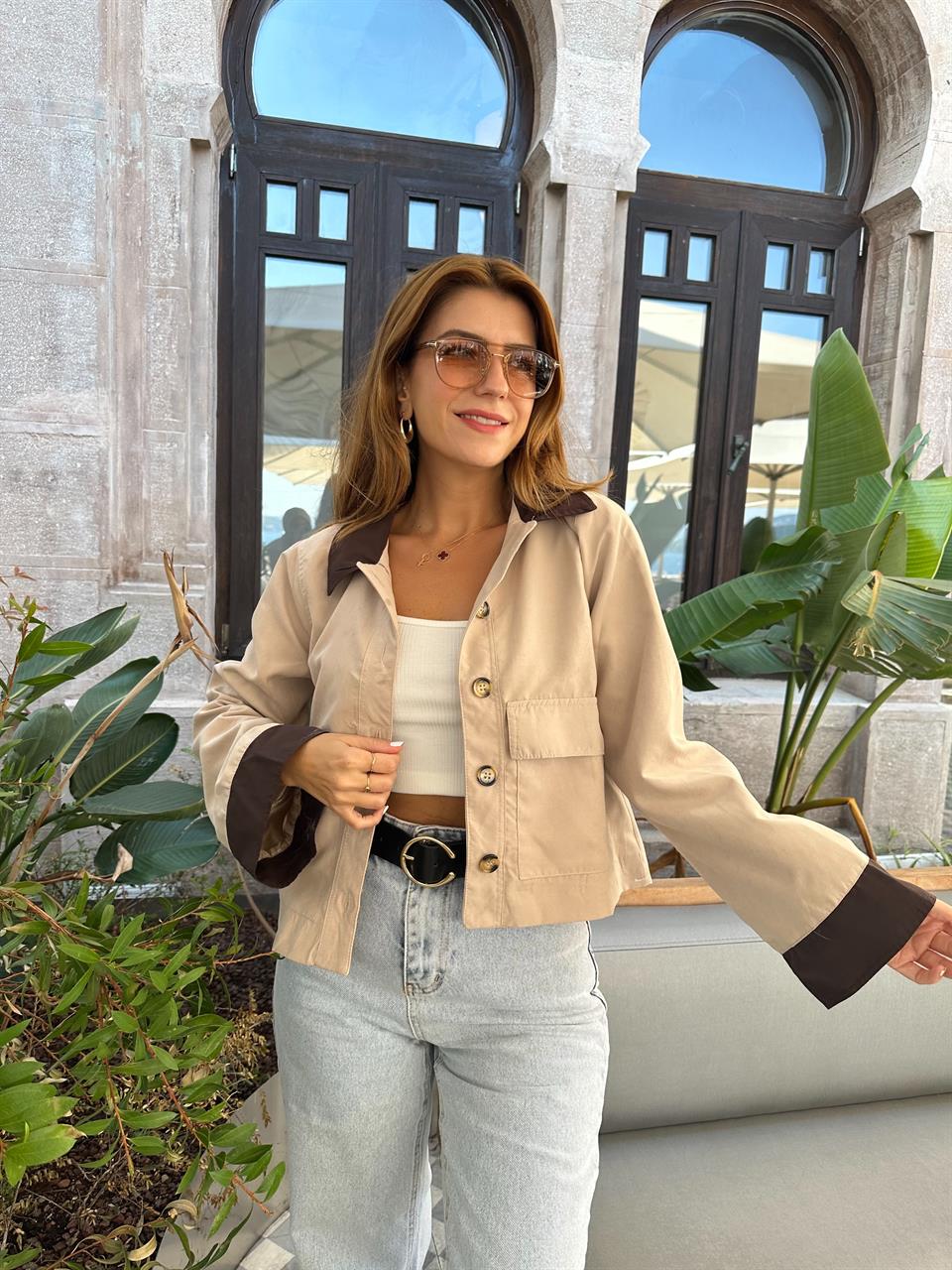 Bej Garnili Süet Trenç Ceket