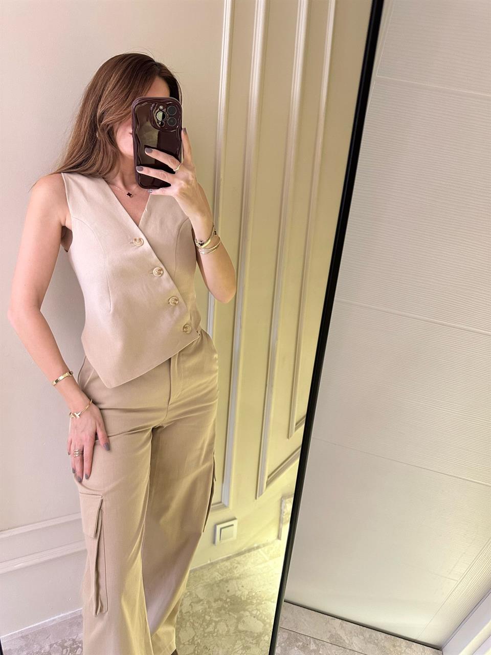 Bej Kargo Pantolon-Yelek Takım