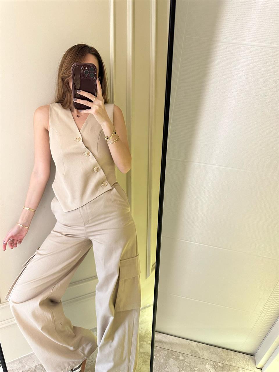 Bej Kargo Pantolon-Yelek Takım