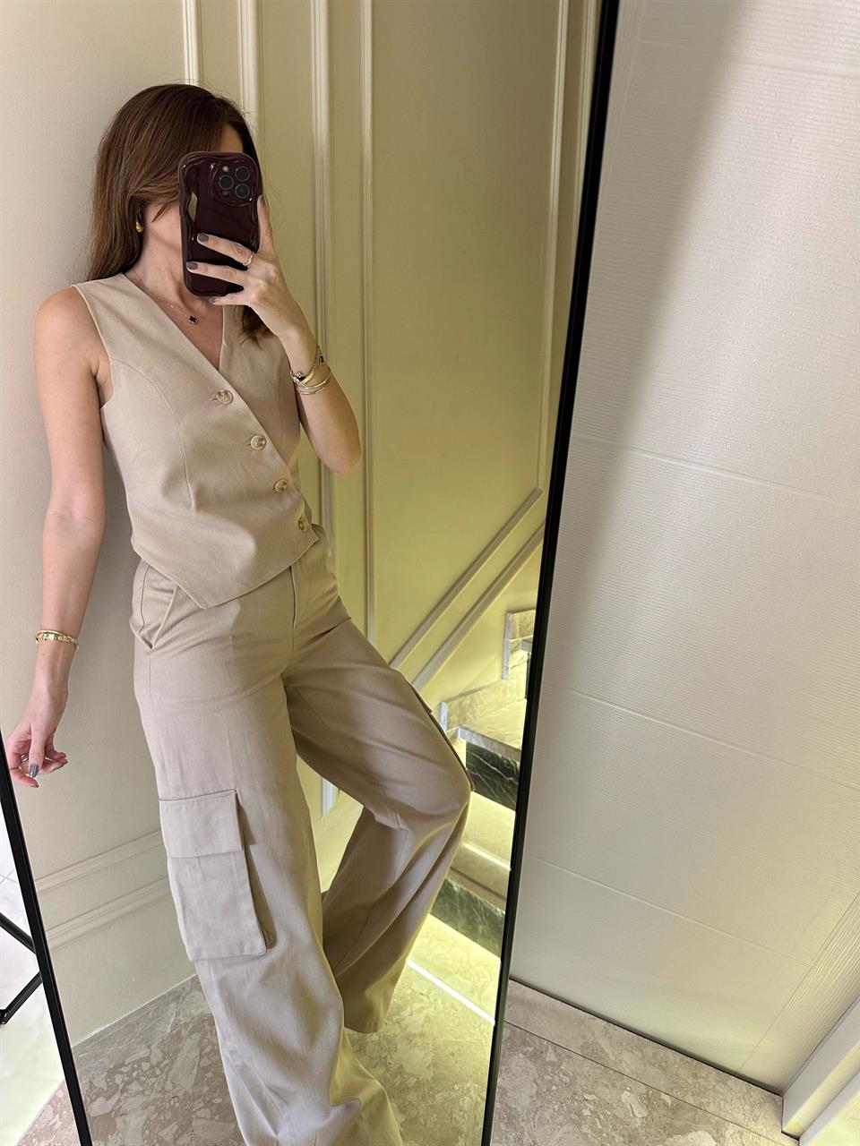 Bej Kargo Pantolon-Yelek Takım