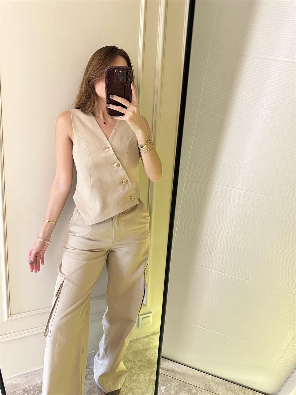 Bej Kargo Pantolon-Yelek Takım