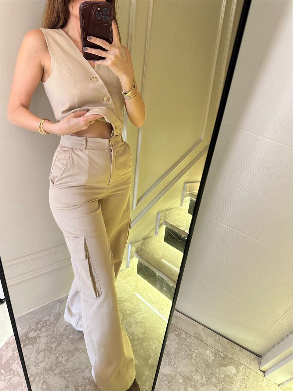 Bej Kargo Pantolon-Yelek Takım