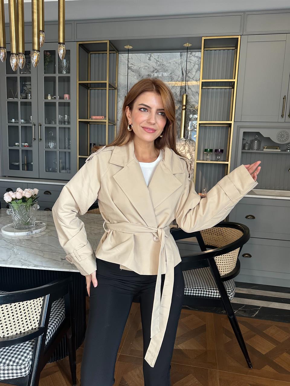 Bej Kruvaze Kuşaklı Trençkot