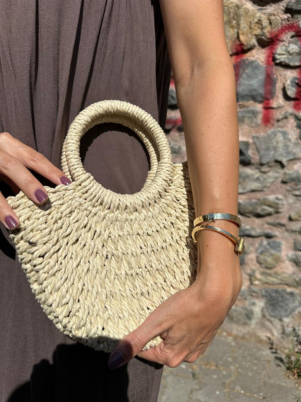 Bej Mini Hasır Çanta