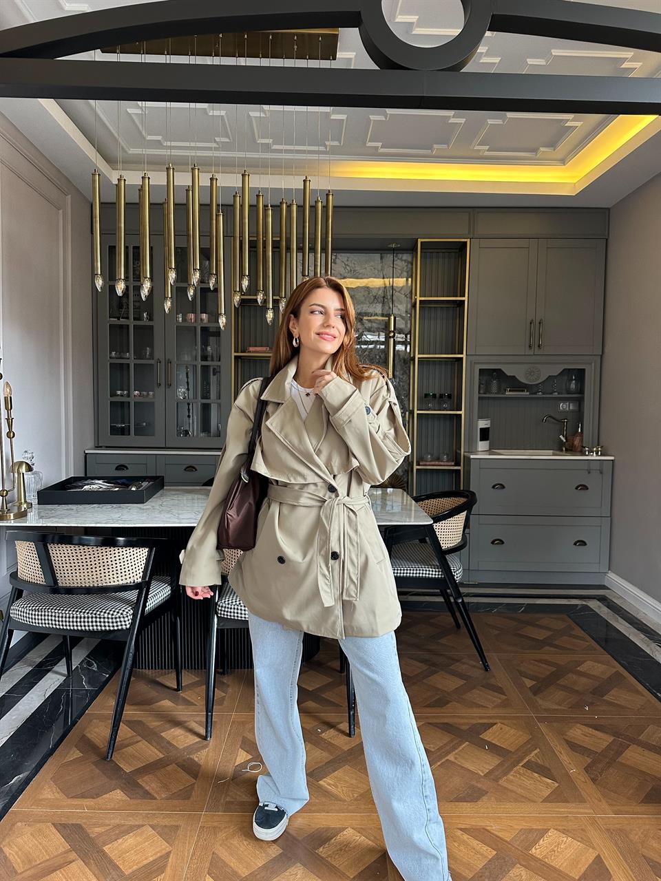 Haki Orta Boy Kemerli Trençkot