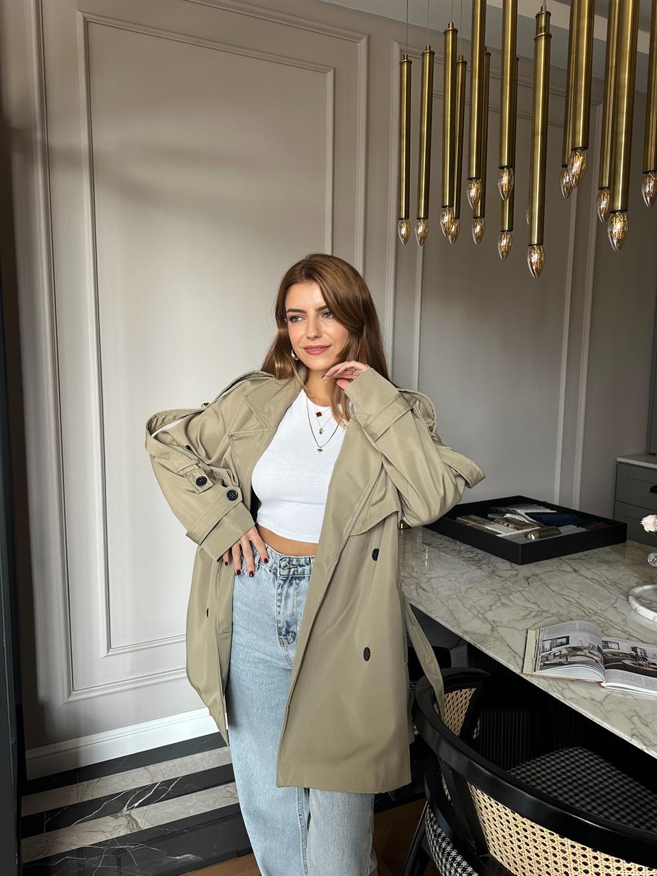 Haki Orta Boy Kemerli Trençkot