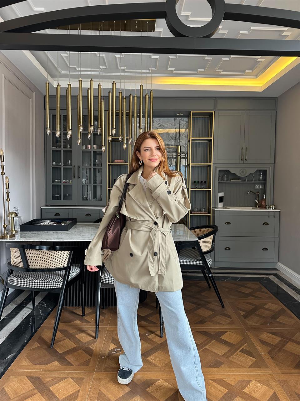 Haki Orta Boy Kemerli Trençkot