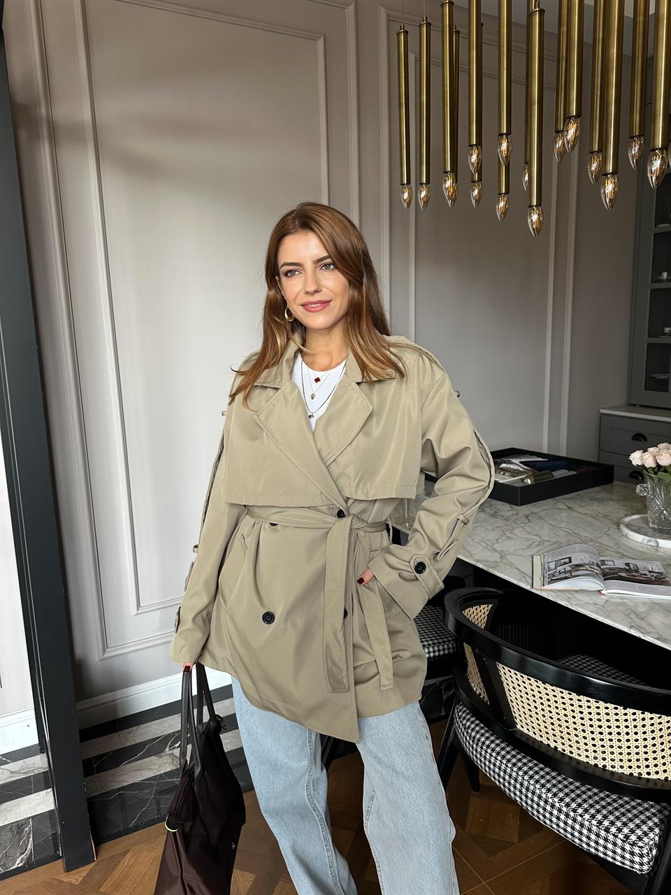 Haki Orta Boy Kemerli Trençkot