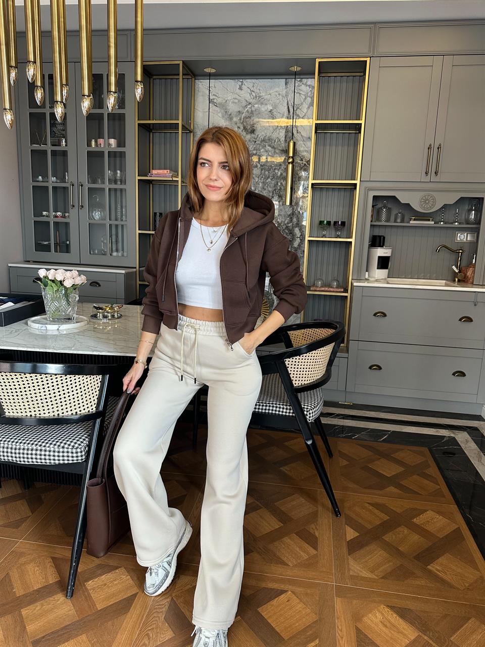 Bej Palazzo Üç İplik Polar Eşofman