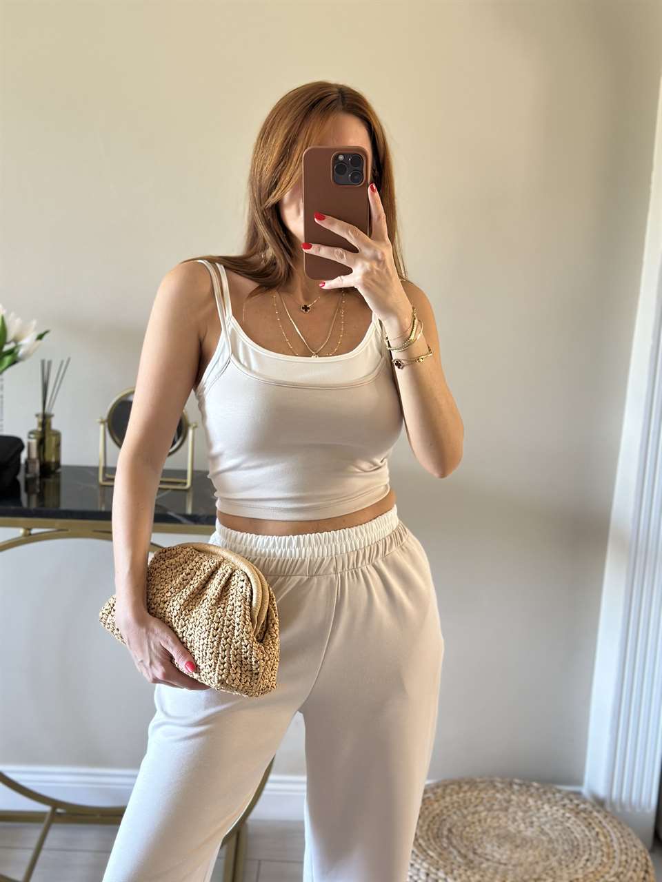 Bej Pamuk Kumaş Askılı İkili Takım