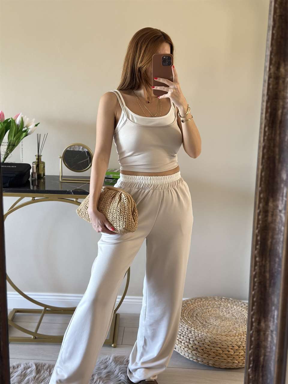 Bej Pamuk Kumaş Askılı İkili Takım