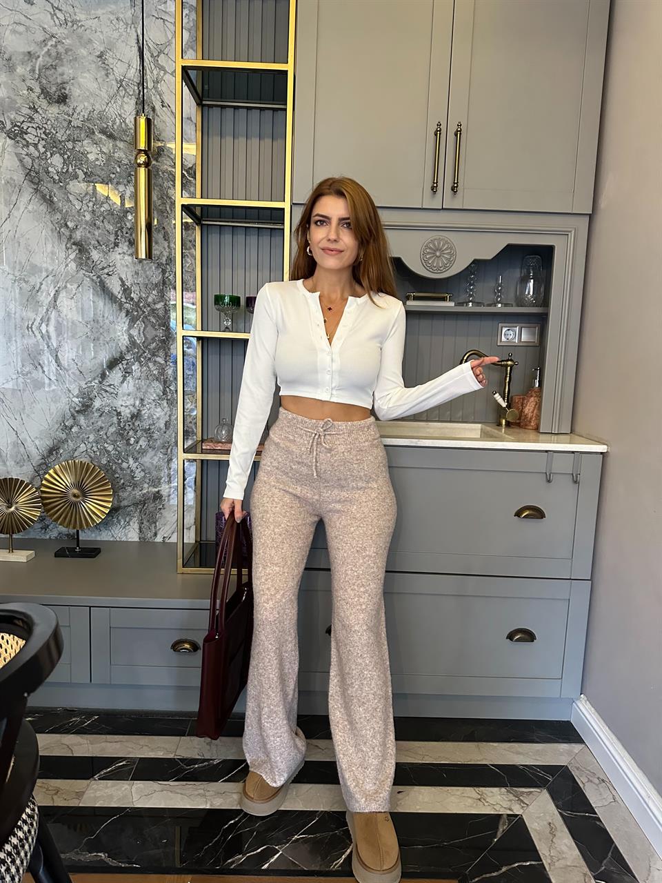 Bej Yumoş Triko Bol Paça Pantolon