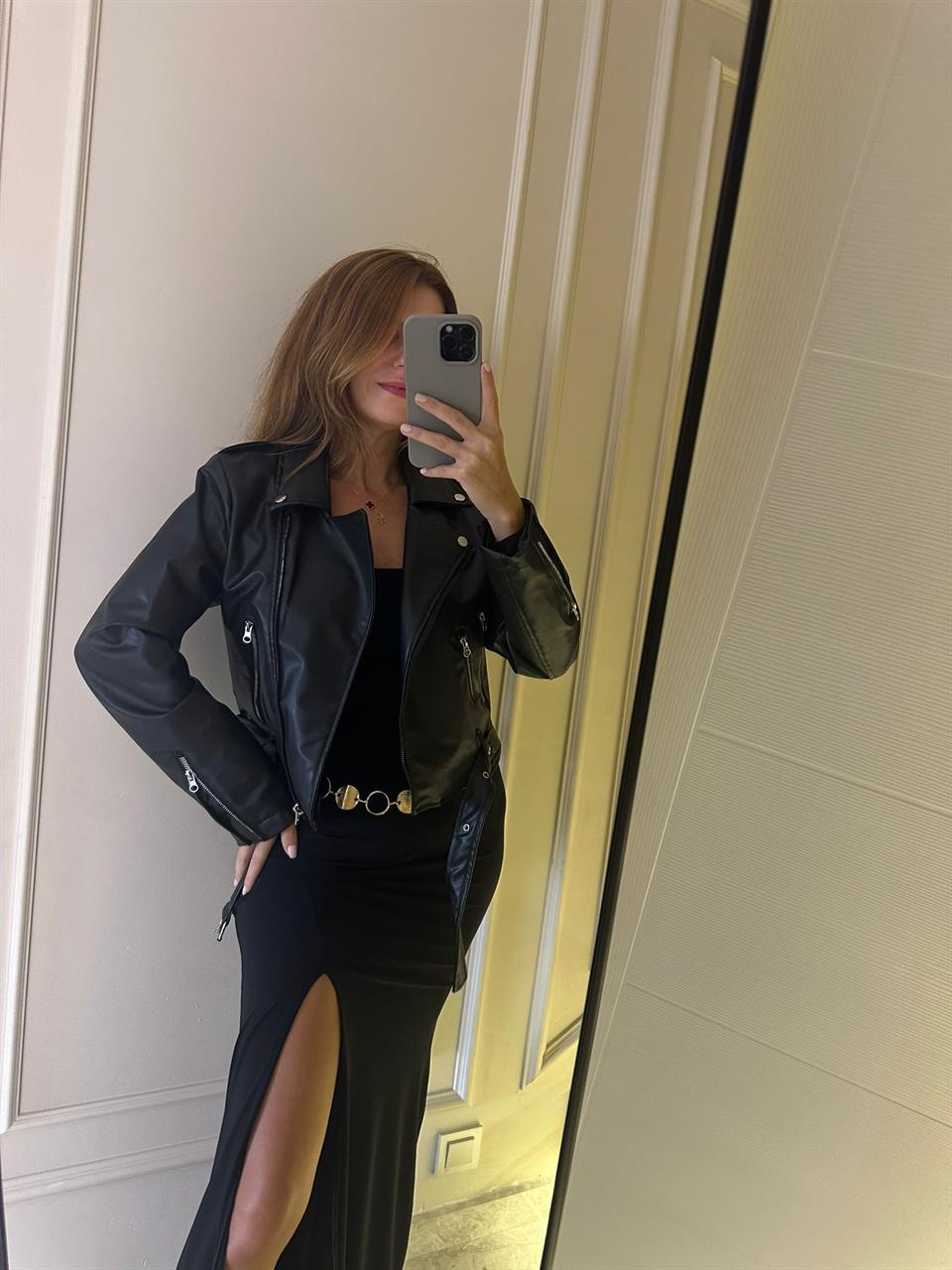 Bel Kemerli Yan Fermuar Deri Ceket