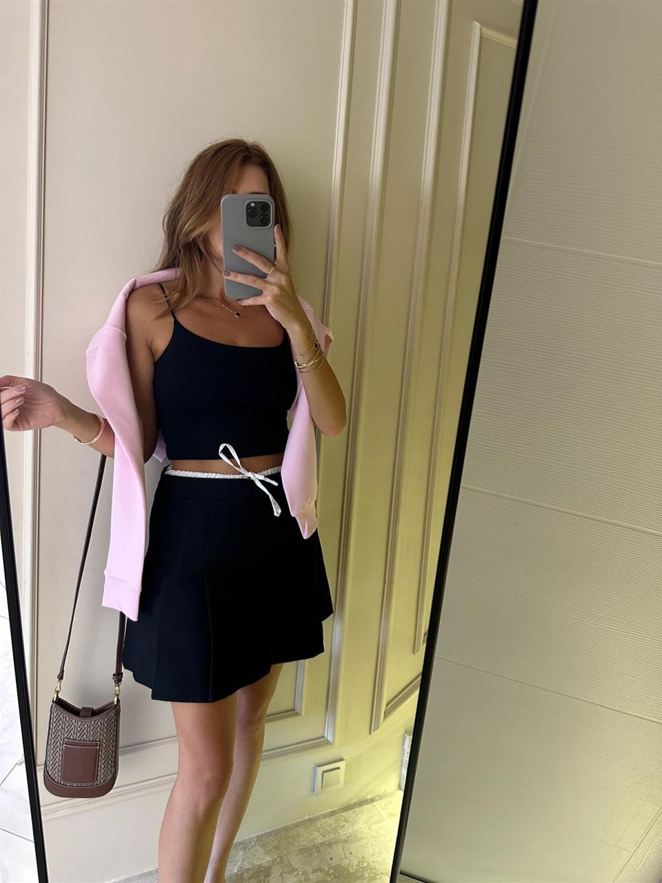 Bel Şerit Detay Pileli Mini Etek