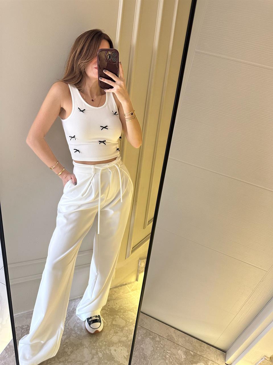 Beyaz Bağlamalı Palazzo Pantolon