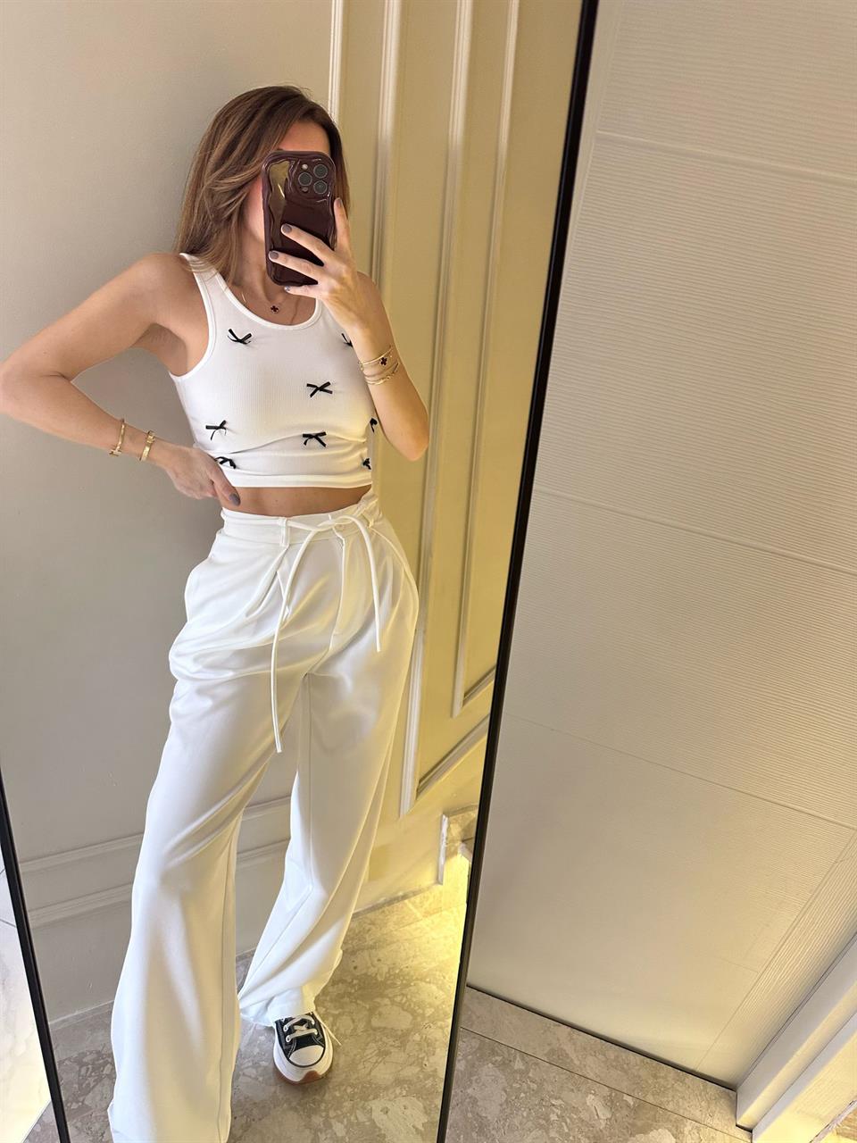 Beyaz Bağlamalı Palazzo Pantolon