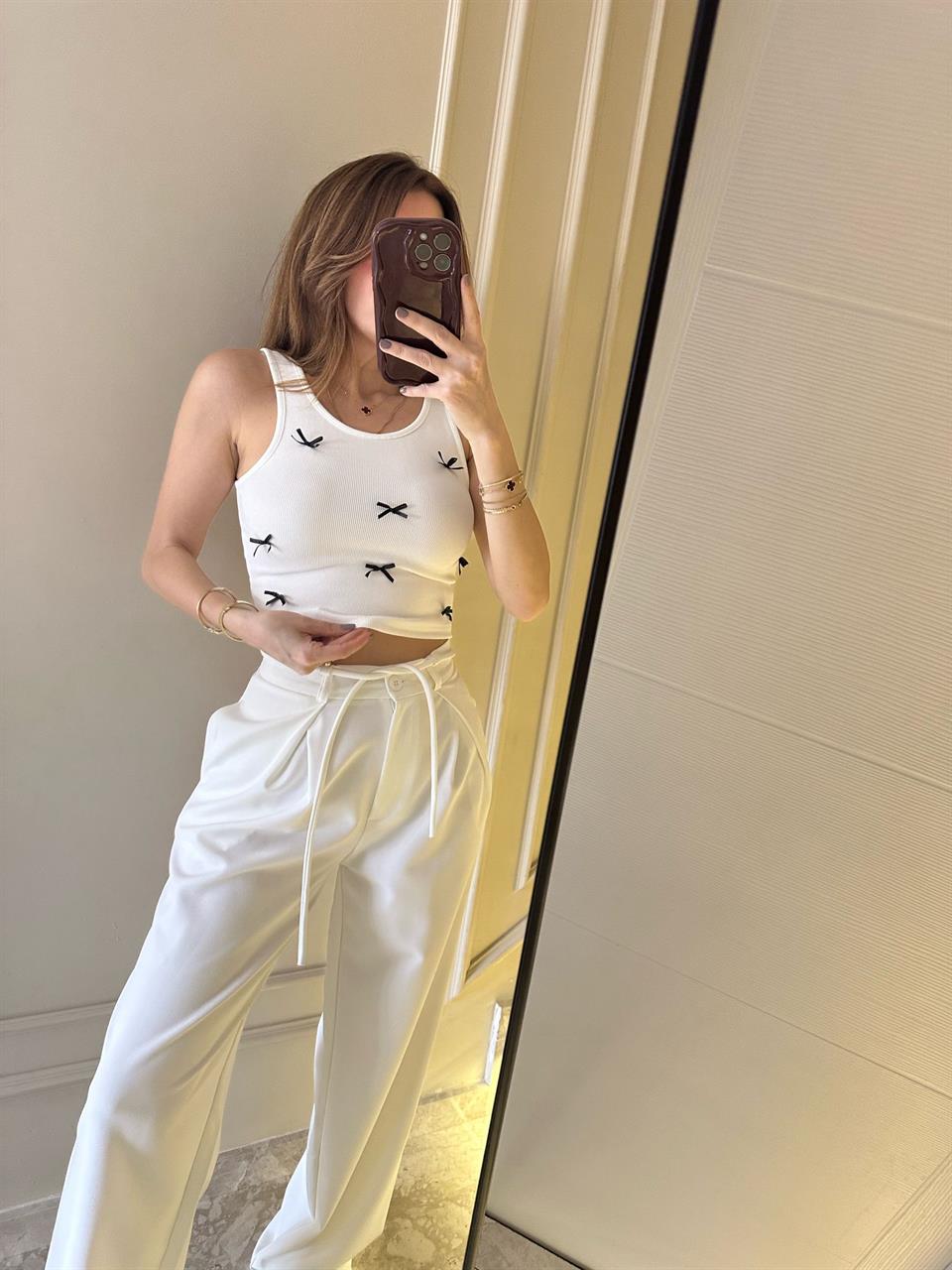 Beyaz Bağlamalı Palazzo Pantolon