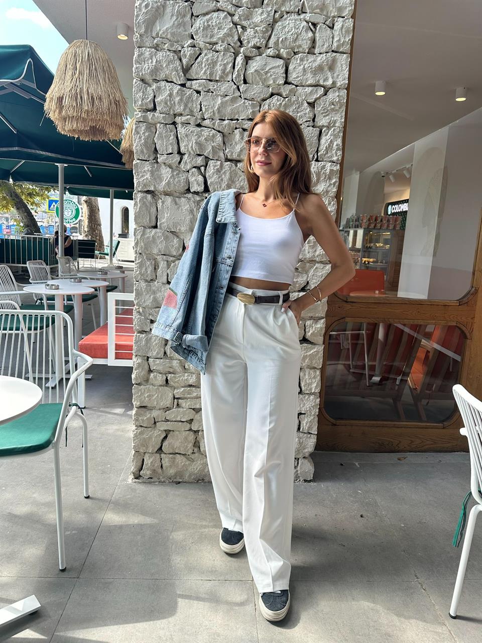 Beyaz Beli Lastikli Palazzo Pantolon