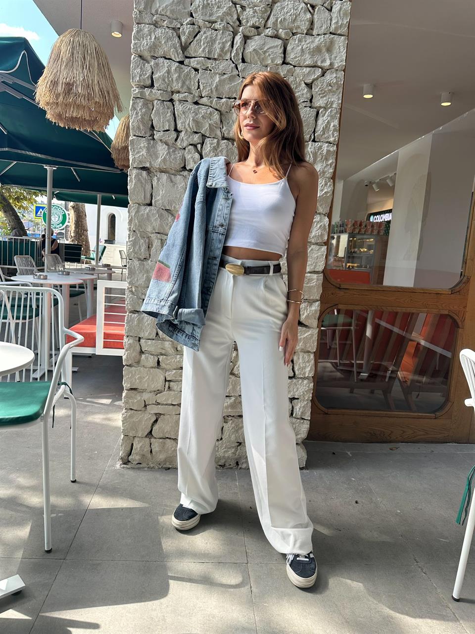 Beyaz Beli Lastikli Palazzo Pantolon