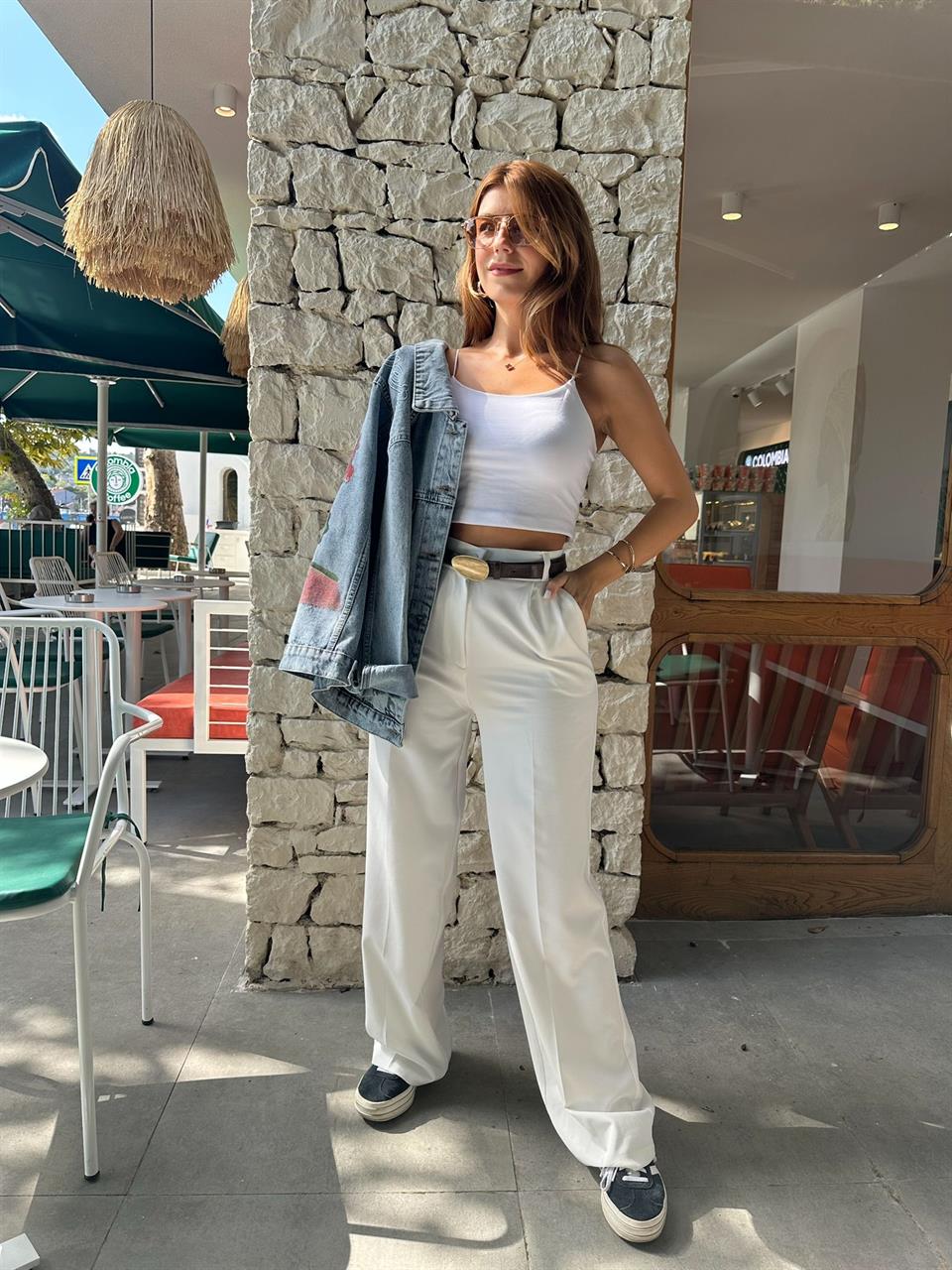 Beyaz Beli Lastikli Palazzo Pantolon