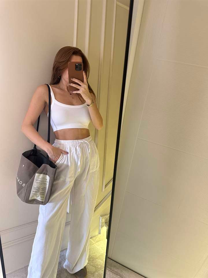 Beyaz Bol Paça Viskon Palazzo Pantolon