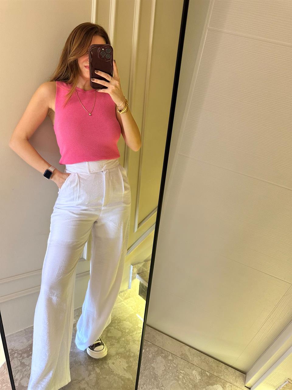 Beyaz Cırtlı Keten Pantolon