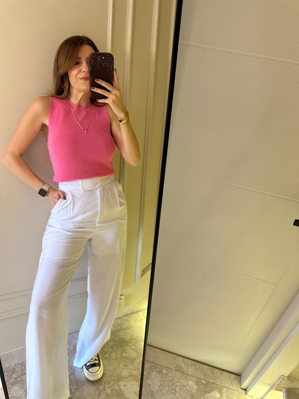 Beyaz Cırtlı Keten Pantolon