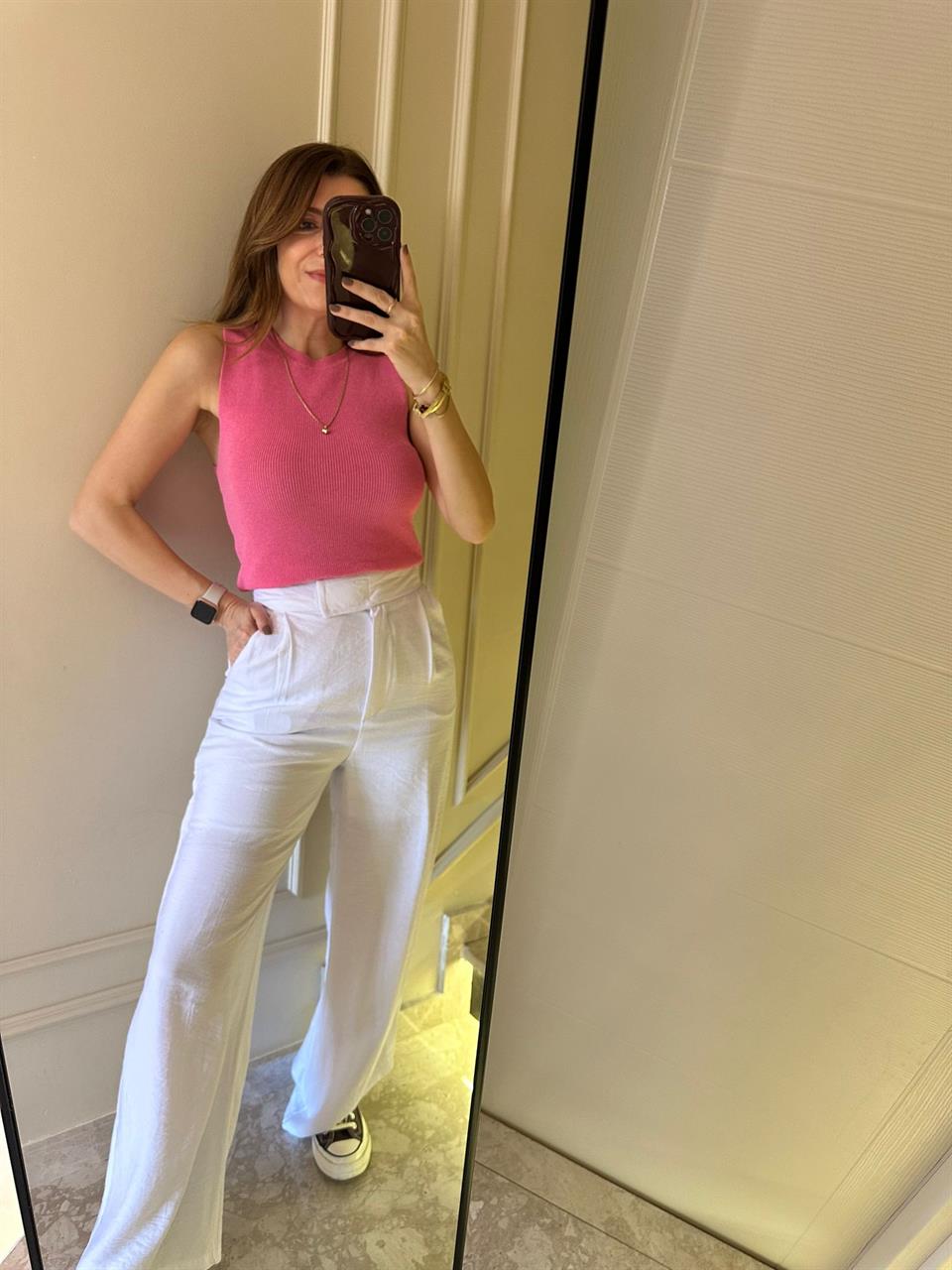 Beyaz Cırtlı Keten Pantolon