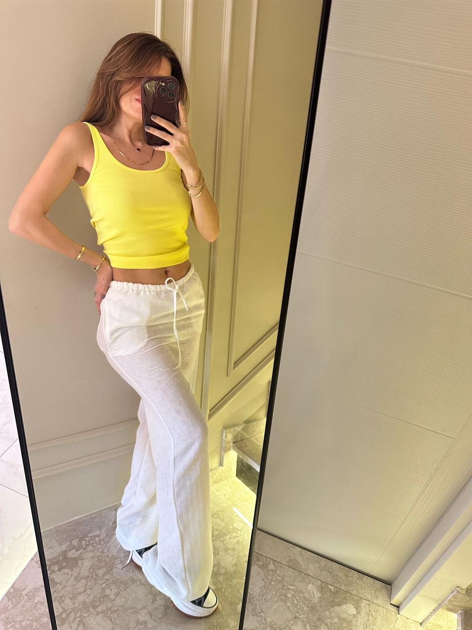 Beyaz Fistolu Keten Pantolon