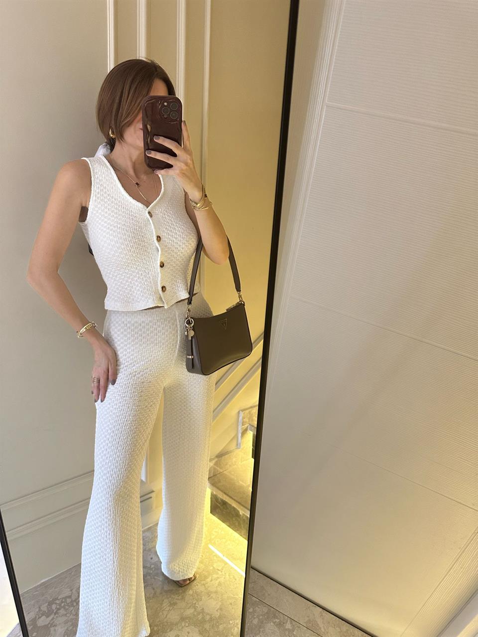 Beyaz Gofre Kumaş İkili Takım